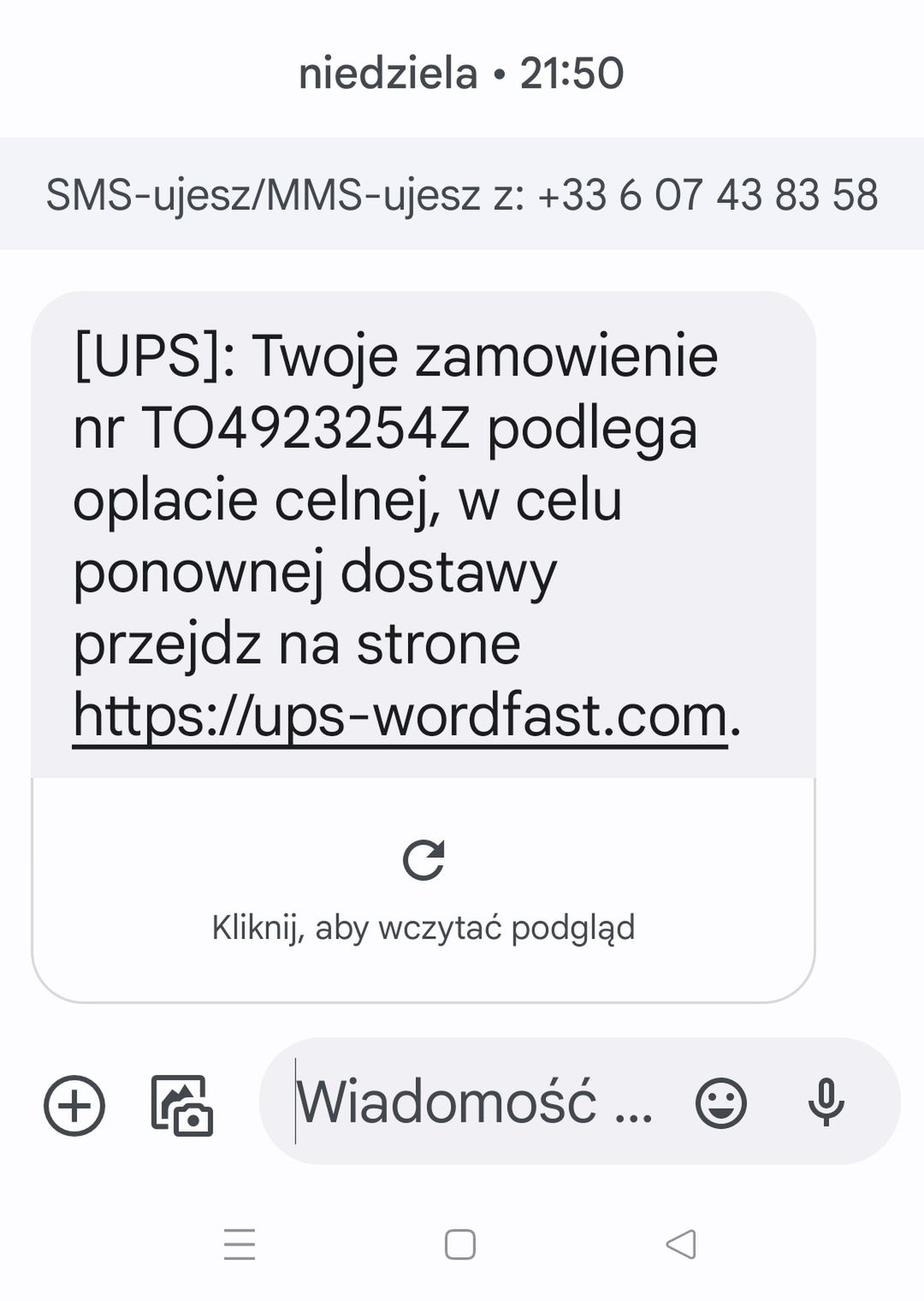 Fałszywy SMS z numeru +33