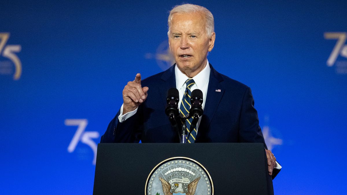 US President Joe Biden at the NATO 75th anniversary celebratory event during the NATO summit in Washington, DC, US, on Tuesday, July 9, 2024. Biden and NATO's 31 other leaders had hoped their summit would celebrate fresh unity against Russia's Vladimir Putin, send a warning to China and prove the alliance is as strong as ever in its 75th year, but the three days of pageantry will be overshadowed by domestic turmoil across the alliance. Photographer: Graeme Sloan/Bloomberg via Getty Images