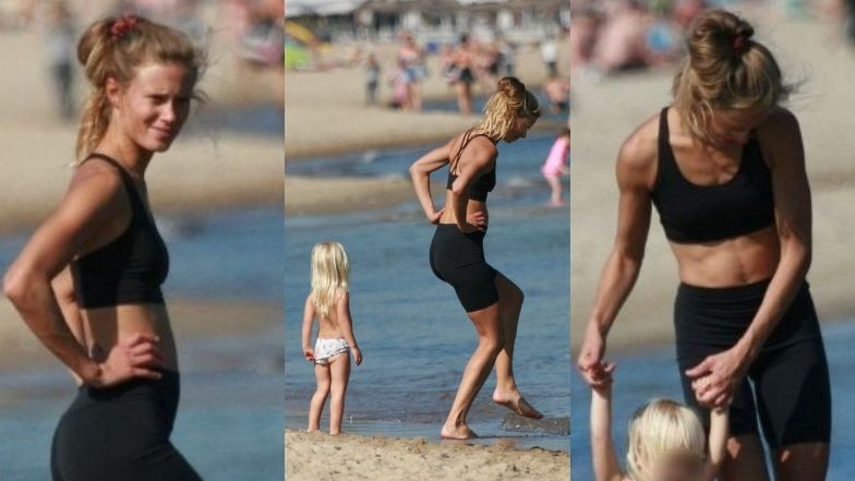 Julia Pietrucha dokazuje z córką na plaży