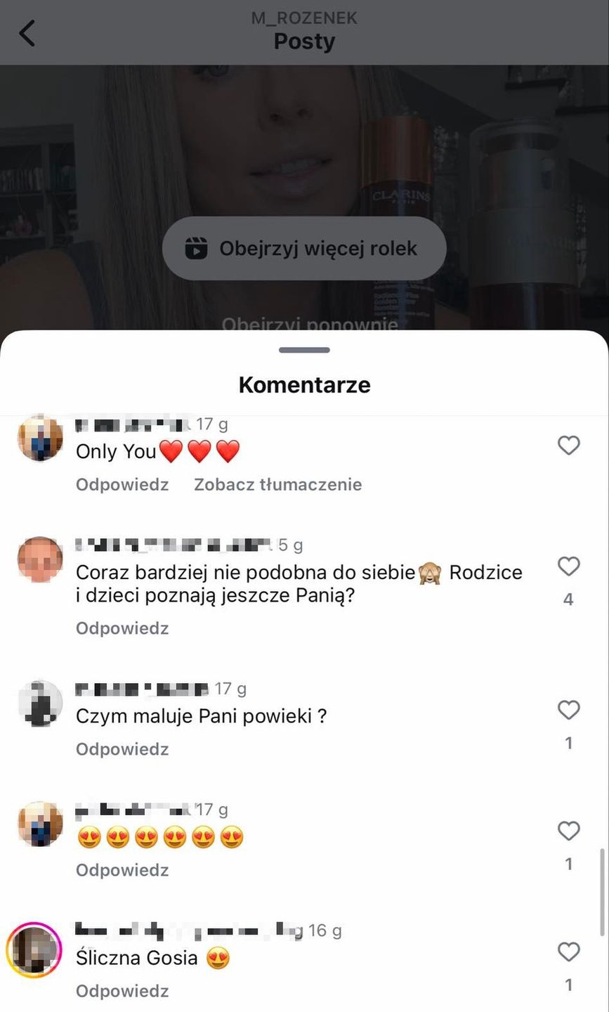 Komentarze widoczne na profilu Małgorzaty Rozenek
