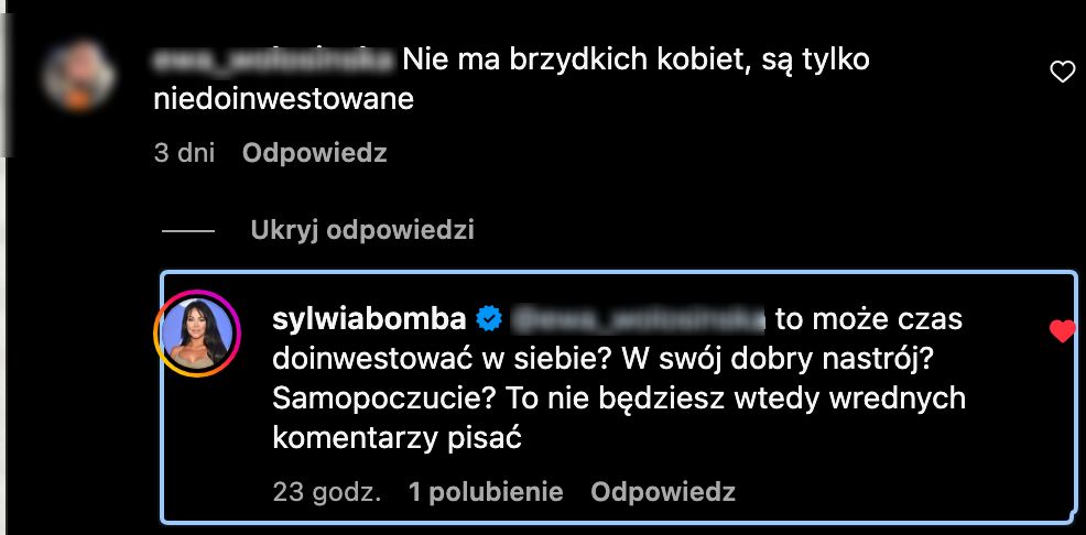 Sylwia Bomba odpowiada hejterom
