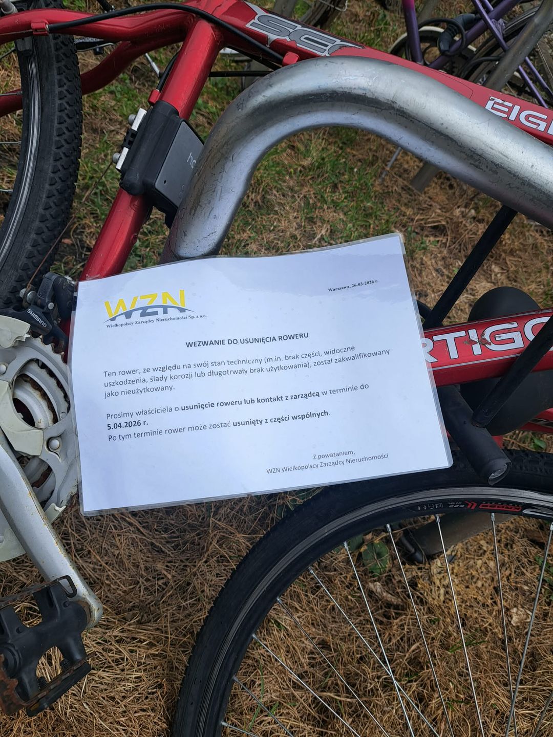 Wezwanie do usunięcia roweru.