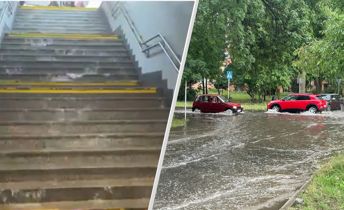 pogoda, ulewa, podtopienia Kaskada wody na schodach. Nad miastem przeszła nawałnica