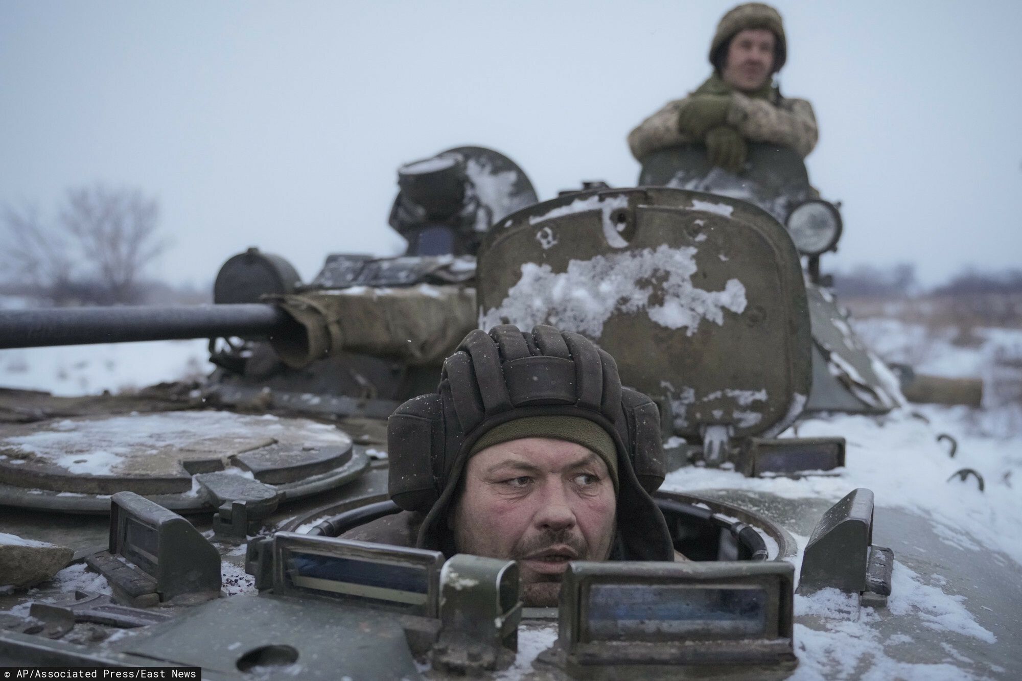 TemporaryUkrainian drive in an armored personnel carrier near front line position in the Luhansk area, eastern Ukraine, Friday, Jan. 28, 2022. High-stakes diplomacy continued on Friday in a bid to avert a war in Eastern Europe, the urgent efforts coming as 100,000 Russian troops are massed near Ukraine's border and the Biden administration worries that Russian President Vladimir Putin will mount some sort of invasion within weeks. (AP Photo/Vadim Ghirda)AP