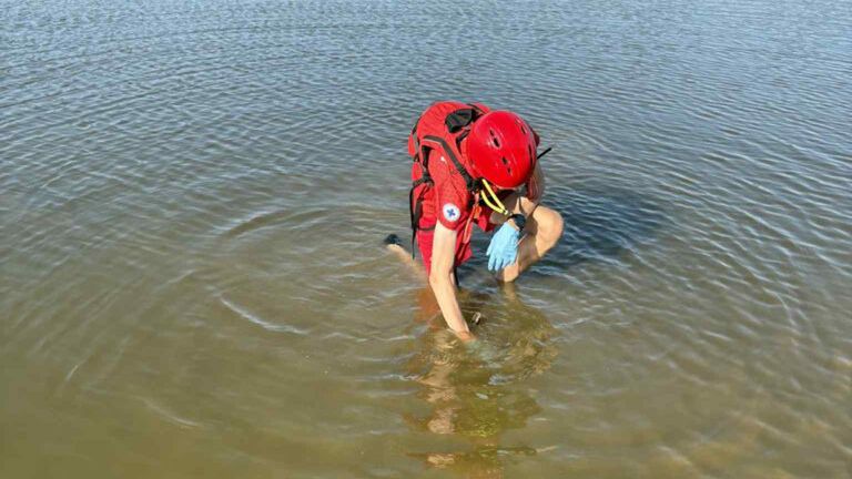 Ratownik w czerwonym uniformie sprawdzający dno w płytkiej wodzie, w tle zieleń drzew i plaża.