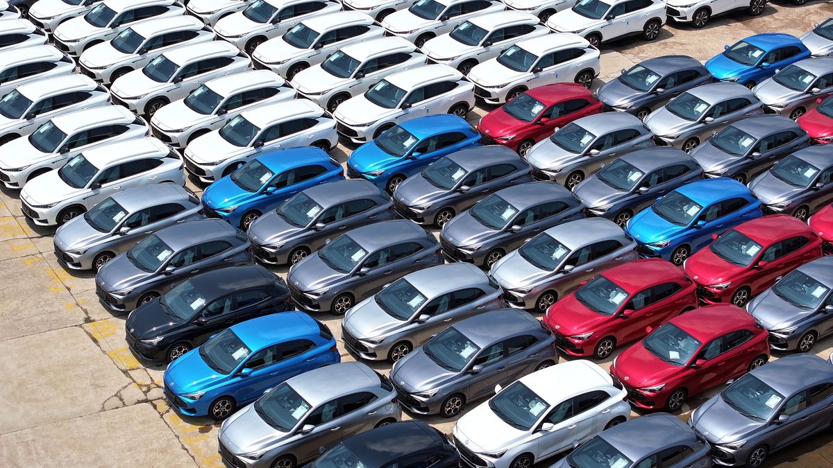 LIANYUNGANG, CHINA - JULY 16 2025: New cars wait for shipment to overseas markets in a port in Lianyungang in east China's Jiangsu province Wednesday, July 16, 2025. China exported over 3 million vehicles in the first half of this year. (Photo credit should read Feature China/Future Publishing via Getty Images)