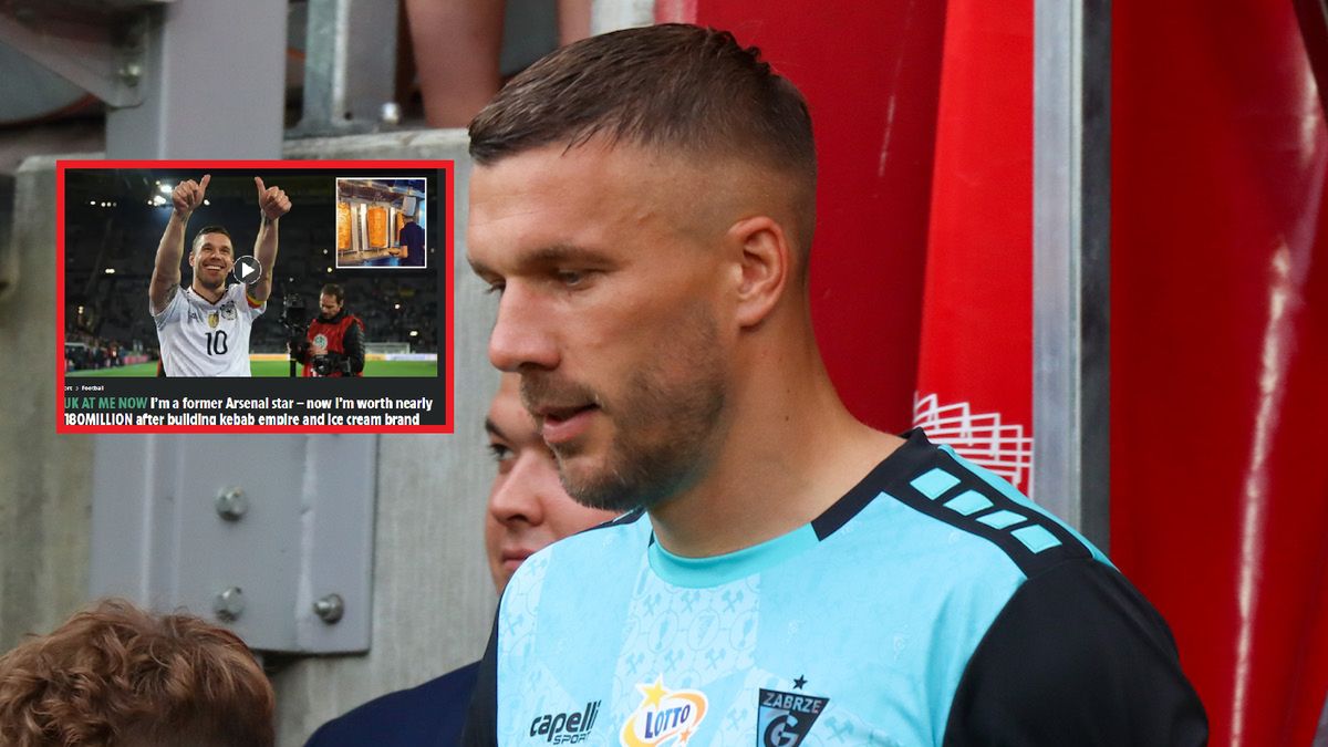 Na dużym zdjęciu Lukas Podolski. W ramce fragment "The Sun"