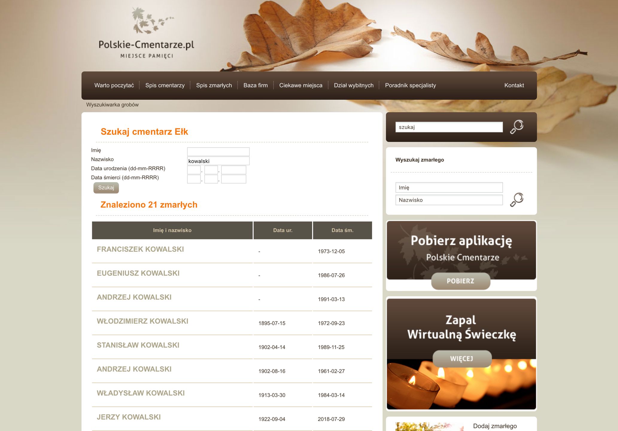 Polskie-Cmentarze.pl, wyniki wyszukiwania z cmentarza w Ełku