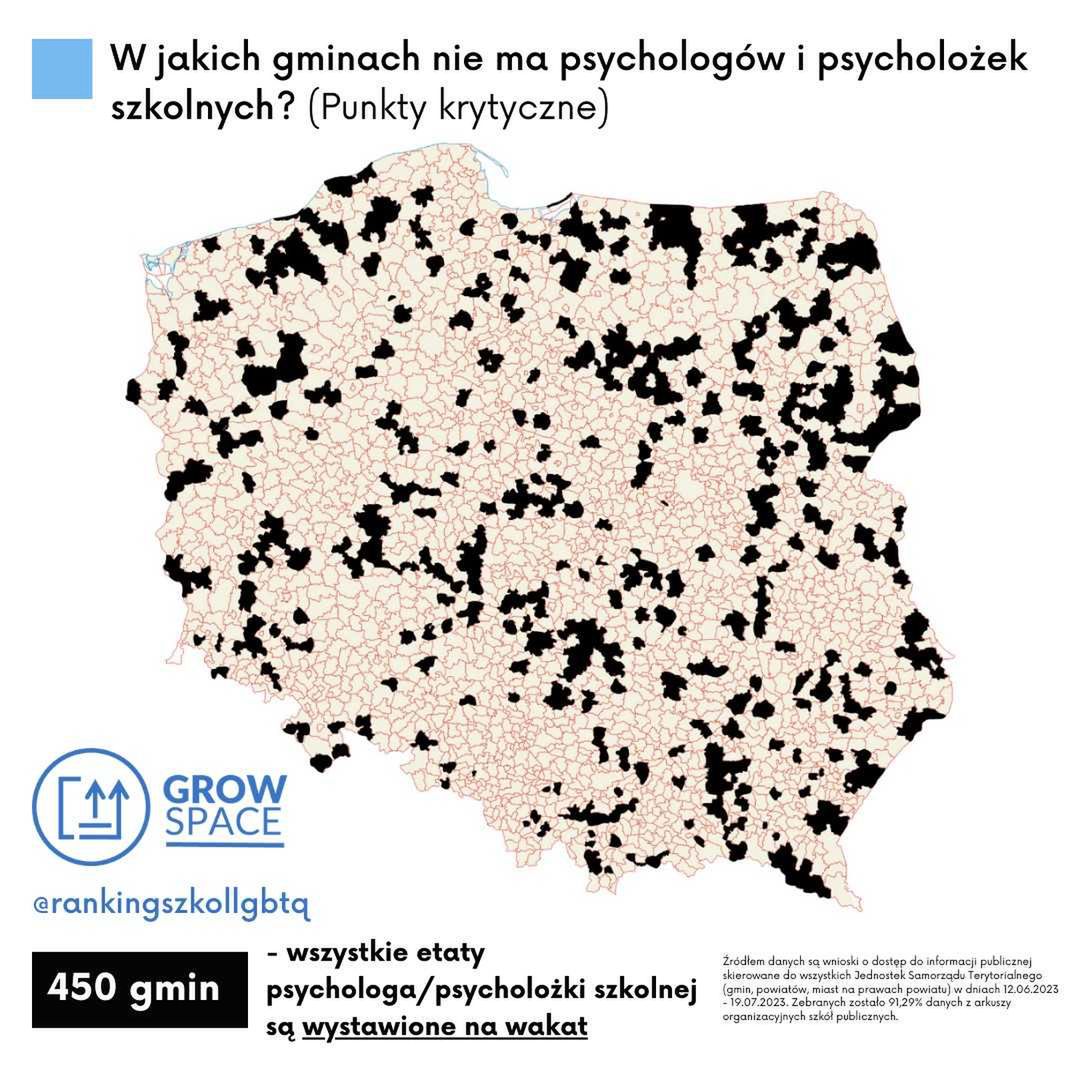 W jakich gminach nie ma psychologów i psycholożek szkolnych? Mapa punktów krytycznych. 