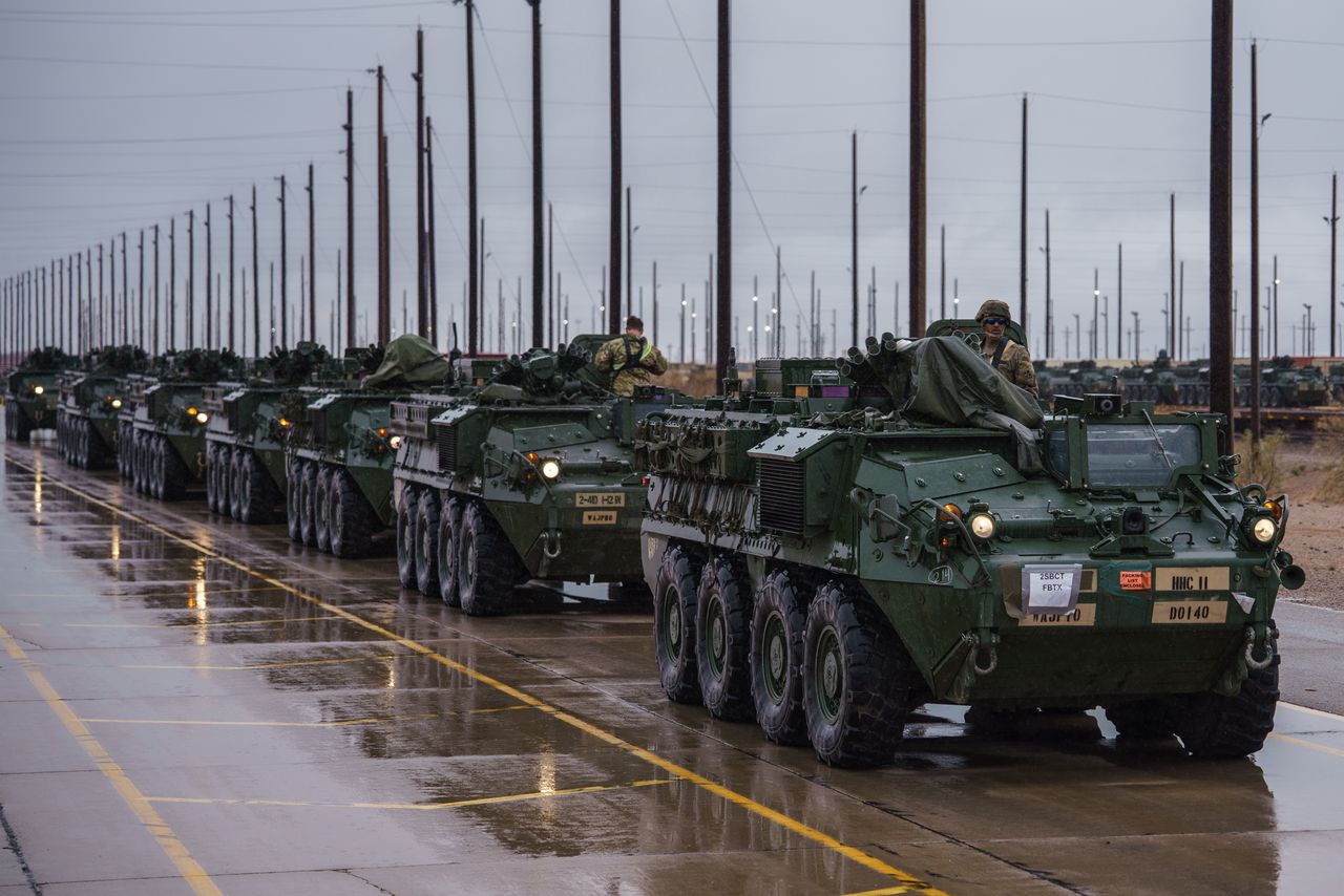 Column of American Strykers