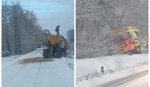 Wypadki na zaśnieżonej drodze. Pojazdy wpadły do rowu