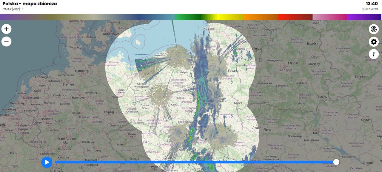 Serwis Daneradarowe.pl - widoczny obszar kontrolowany przez radary POLRAD