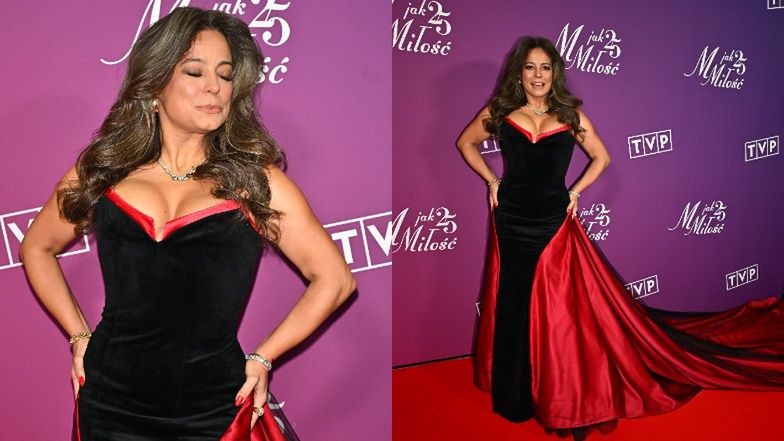 Anna Mucha zamiata czerwony dywan trenem 