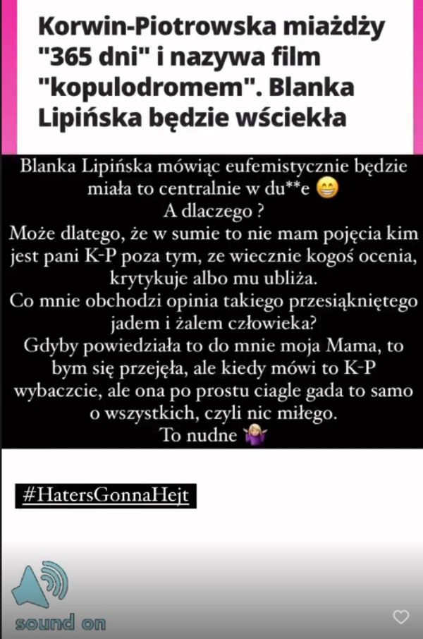 Blanka Lipińska odpowiada na krytykę Karoliny Korwin Piotrowskiej