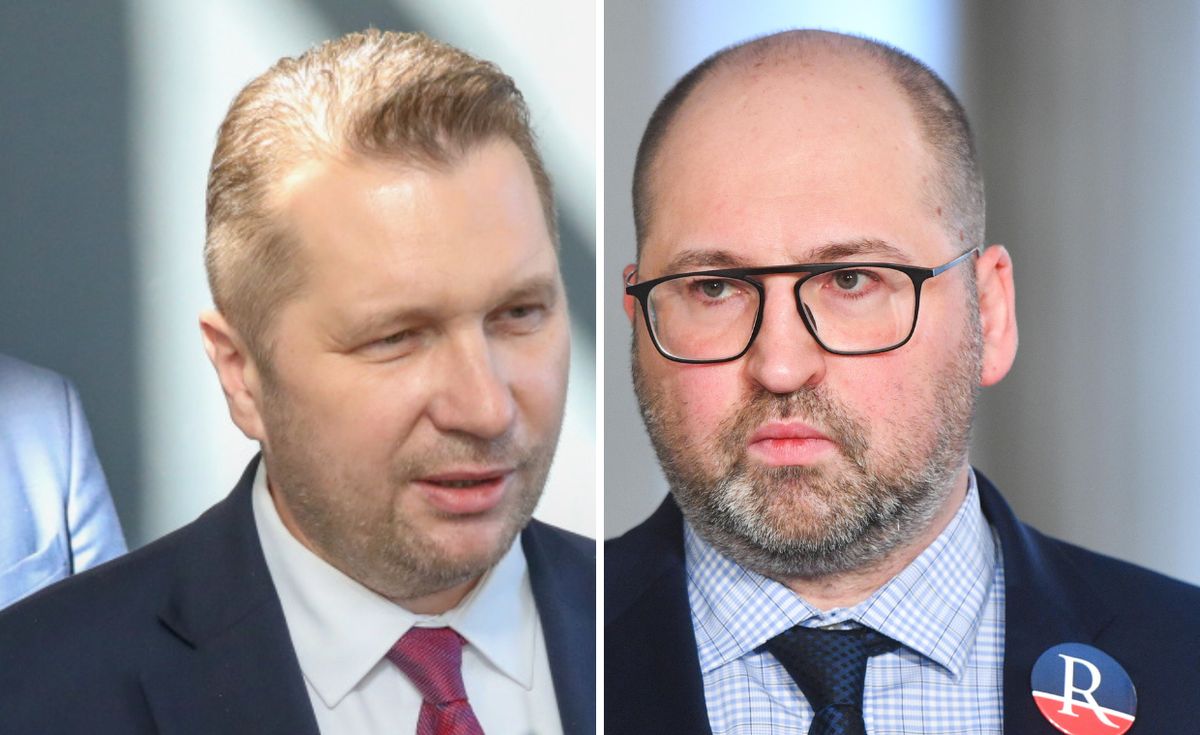 Po lewej minister edukacji Przemysław Czarnek. Po prawej lider Republikanów Adam Bielan. To ta partia w ramach politycznych uzgodnień dostała nadzór nad NCBiR