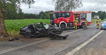 Ostrołęka: Uderzył Skodą w drzewo. 21-latek trafił do szpitala