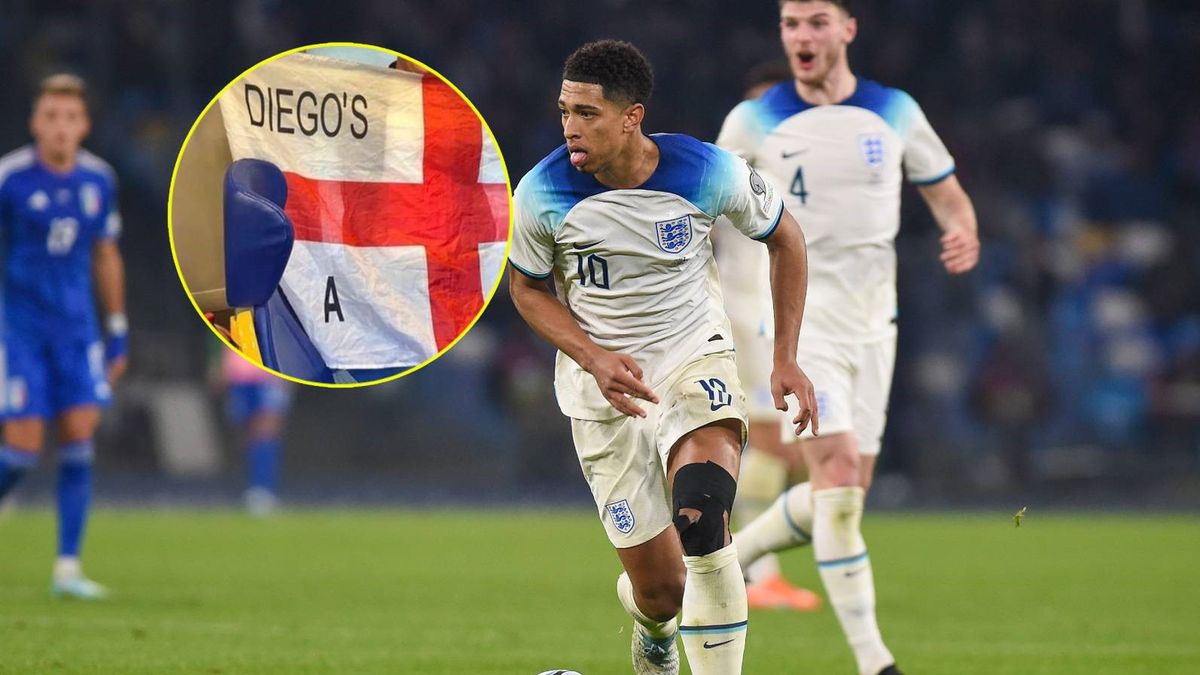 Zdjęcie okładkowe artykułu: Getty Images / Getty / Twitter / Na zdjęciu: piłkarze reprezentacji Anglii / w kółku: flaga, którą chciał wnieść kibic