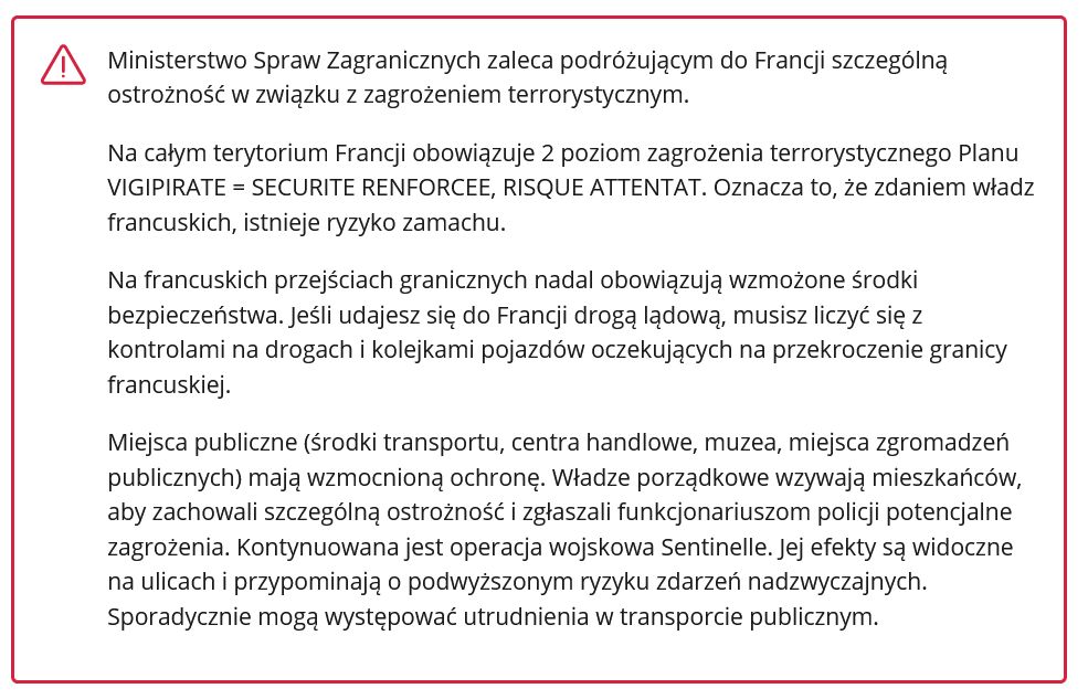 Polskie MSZ zaleca ostrożność Polakom udającym się do Francji