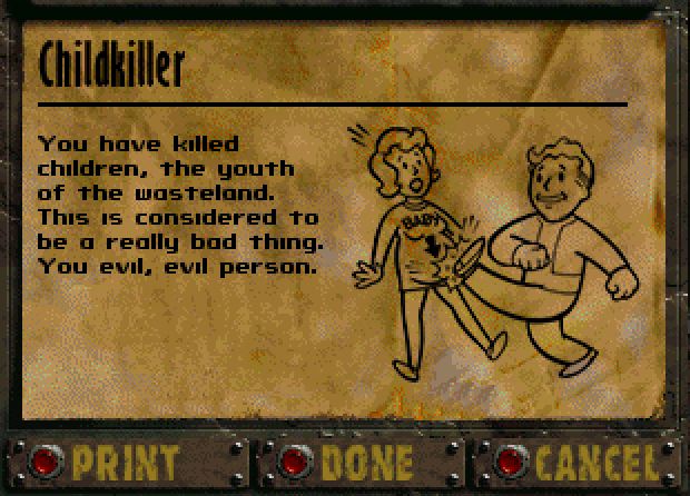 Ten rysunek nigdy nie trafił do oficjalnej wersji pierwszych Falloutów – sam grafik był zawstydzony tym, co narysował