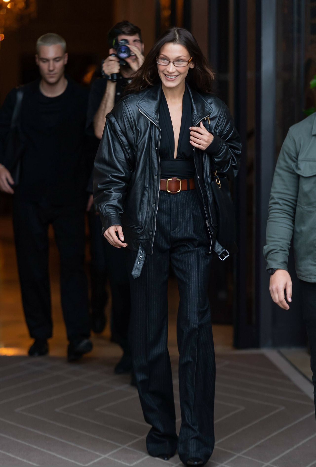 Bella Hadid paraded around Paris in a leather jacket