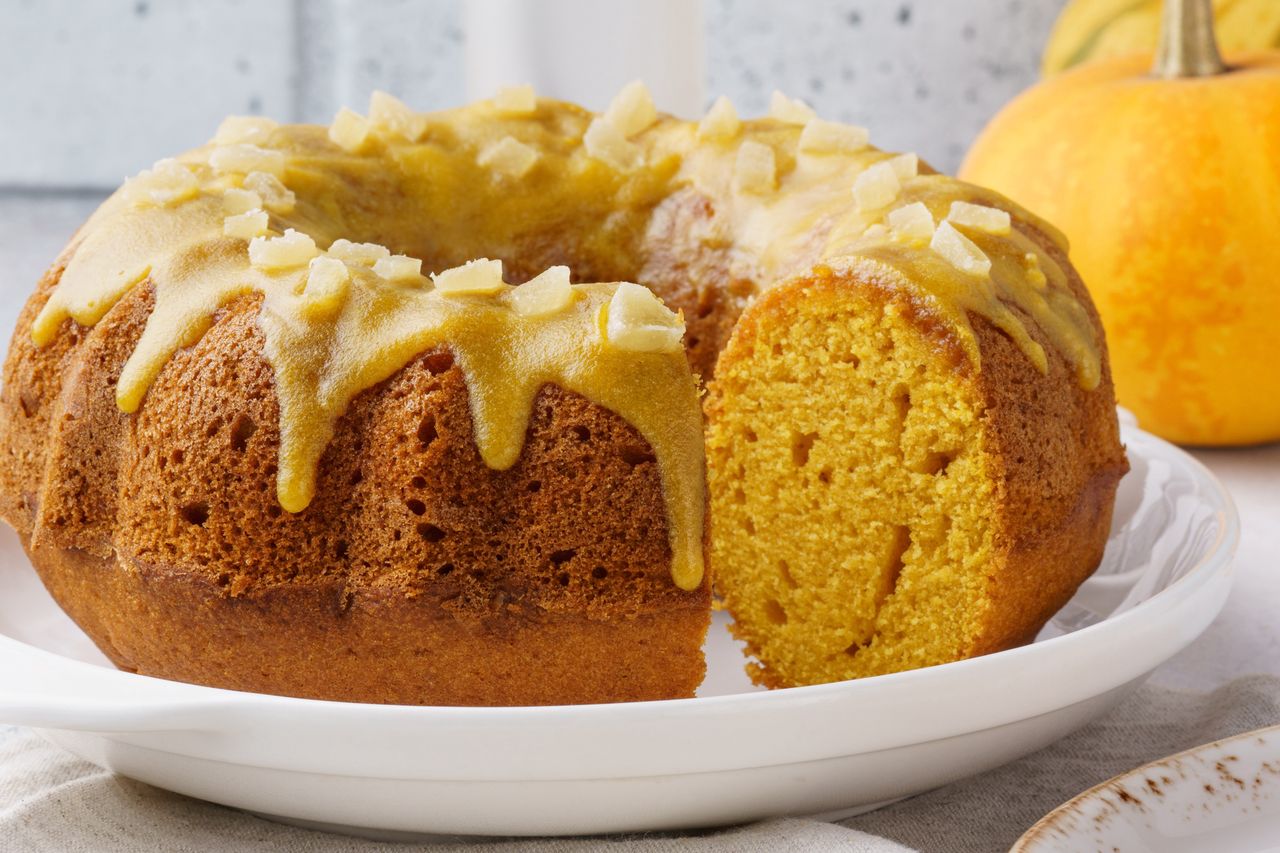 Delicious pumpkin bundt cake with homemade caramel topping