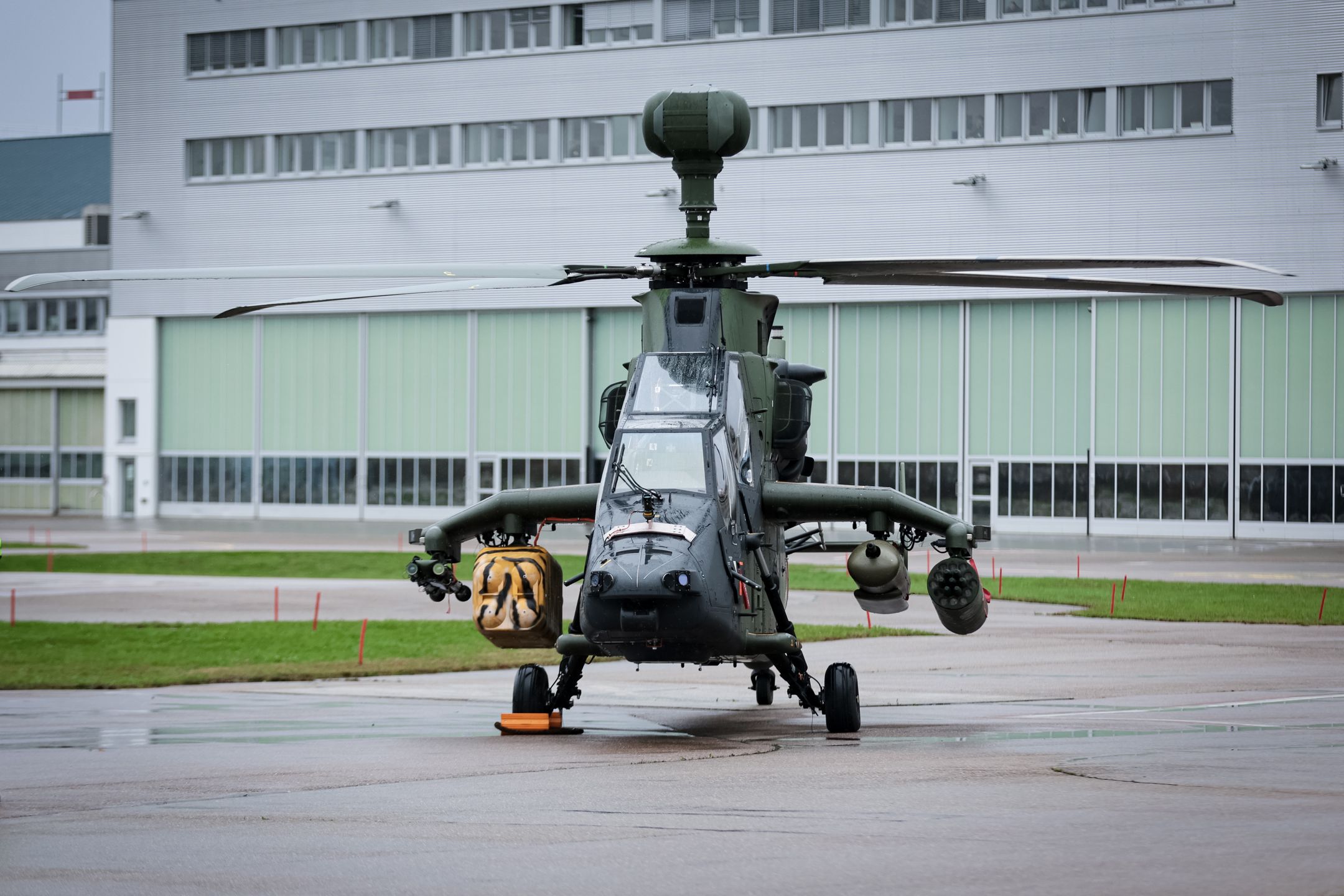 DONAUWORTH, GERMANY - NOVEMBER 18: A helicopter of the model TIGER stand at the runway during the official handover of the first Airbus H145M helicopter to the Bundeswehr, Germany's armed forces, at the Airbus helicopter factory on November 18, 2024 in Donauworth, Germany. The Bundeswehr has ordered 62 of the new helicopters. Pistorius, currently one of Germany's most popular politicians, has significant support within his party, the German Social Democrats (SPD), to be its candidate for chancellor rather than current Chancellor Olaf Scholz. Germany is scheduled to hold snap elections in February. (Photo by Leonhard Simon/Getty Images)
