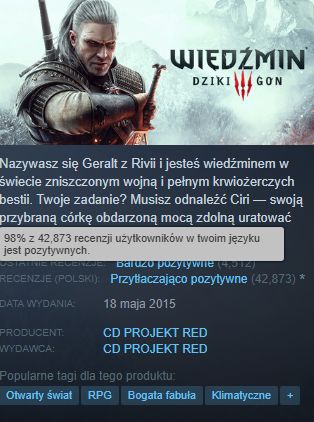 Nowa, domyślna opcja Steama, wyświetlająca tylko informacje o recenzjach w języku gracza, tutaj o polskich.