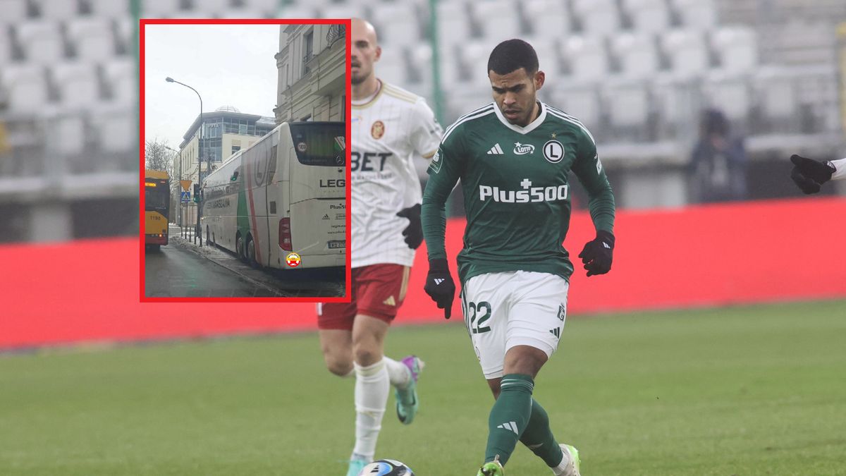 Kadr z meczu ŁKS vs Legia. W ramce feralnie zaparkowany autokar warszawskiej drużyny