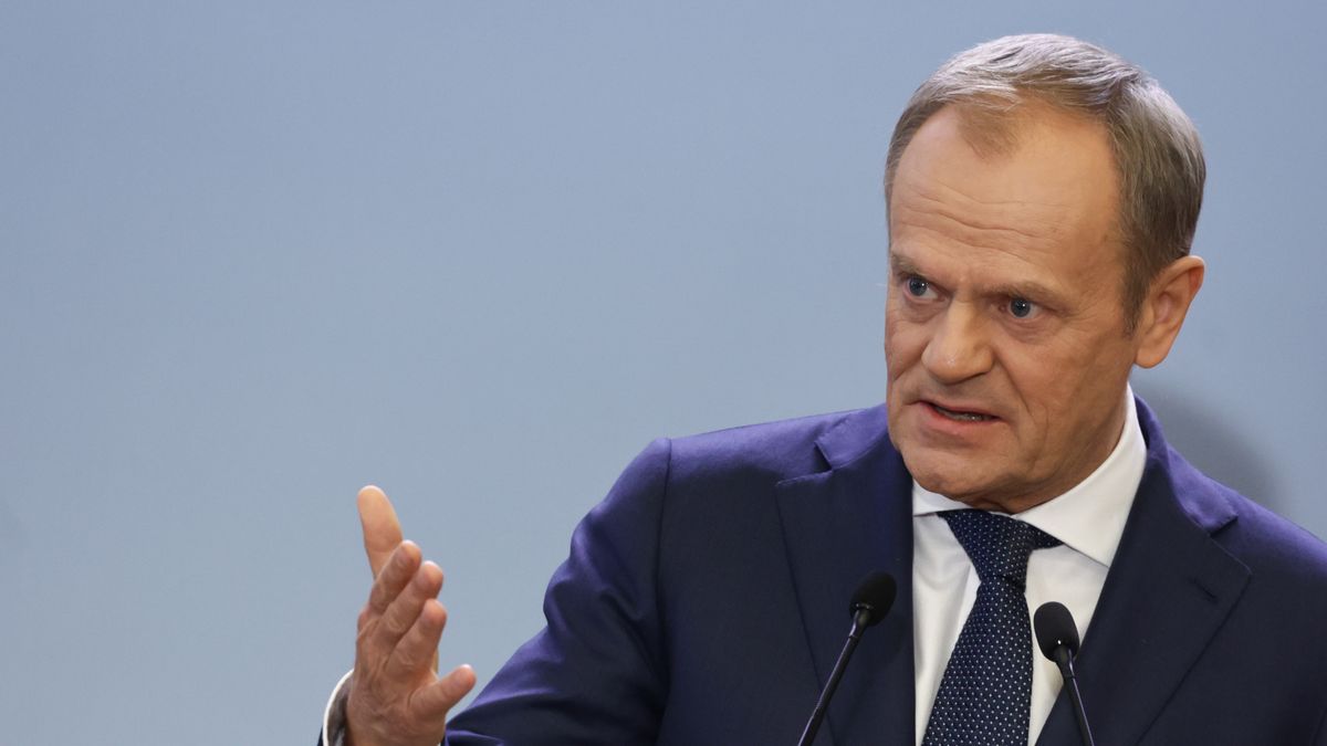 WARSAW, POLAND - APRIL 15: Polish Prime Minister Donald Tusk and Danish Prime Minister Mette Frederiksen (not seen) hold a joint press conference after their meeting in Warsaw, Poland on April 15, 2024. (Photo by Jakub Porzycki/Anadolu via Getty Images)