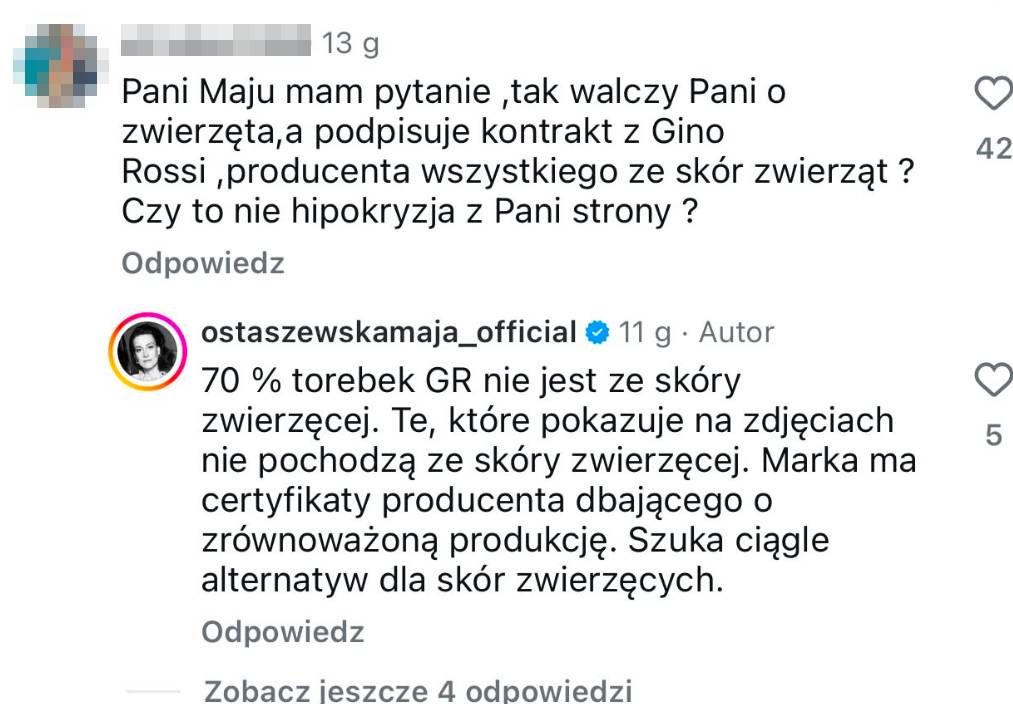Maja Ostaszewska odniosła się do reklamowania skórzanych torebek