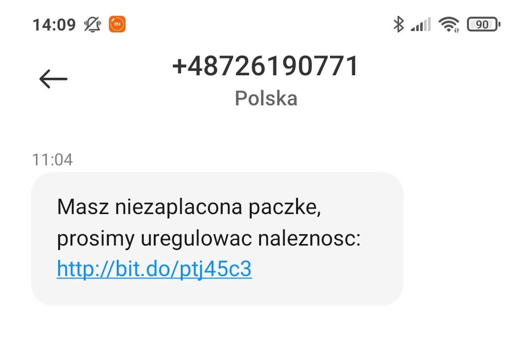 Przykładowy fałszywy SMS o paczce