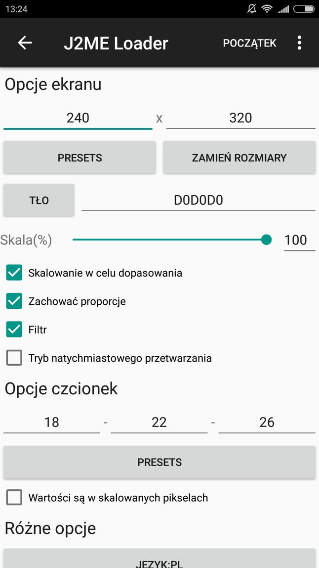 Opcje konfiguracyjne J2ME loadera: dostępna też polska wersja językowa