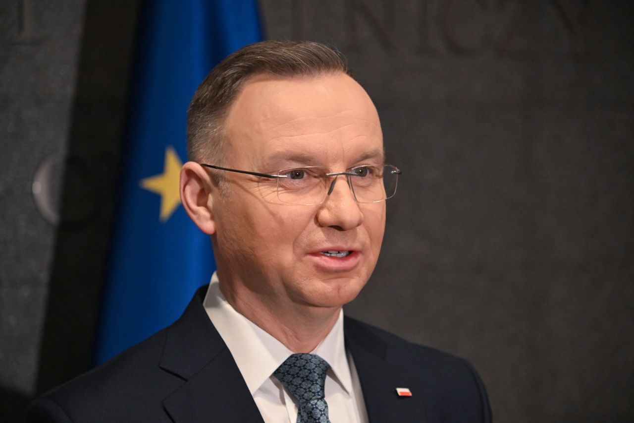 Warszawa, 04.02.2024 r. Prezydent RP Andrzej Duda podczas wypowiedzi dla mediów