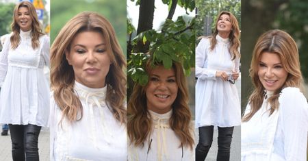 Szczęśliwa Edyta Górniak wychodzi ze studia "Dzień Dobry TVN" i pozuje pod drzewem (ZDJĘCIA)