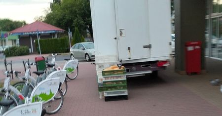 Gołębie wyjadały chleb z koszy przed salonikiem piekarniczym. Pieczywo stało niezabezpieczone na chodniku