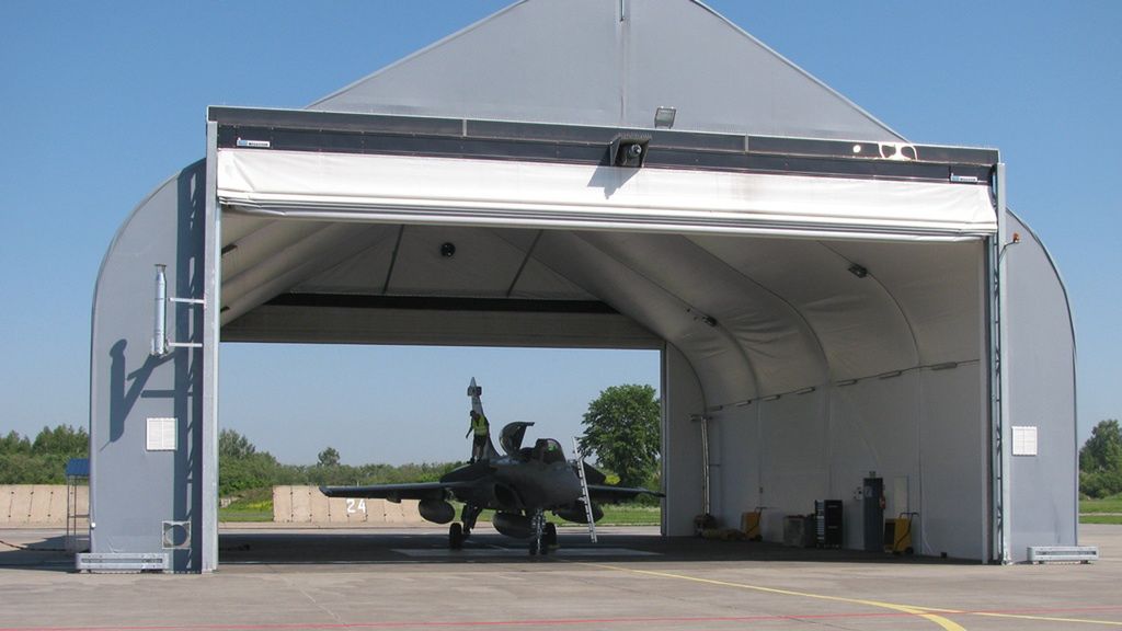Rafale fighter in a mobile hangar on an expeditionary mission