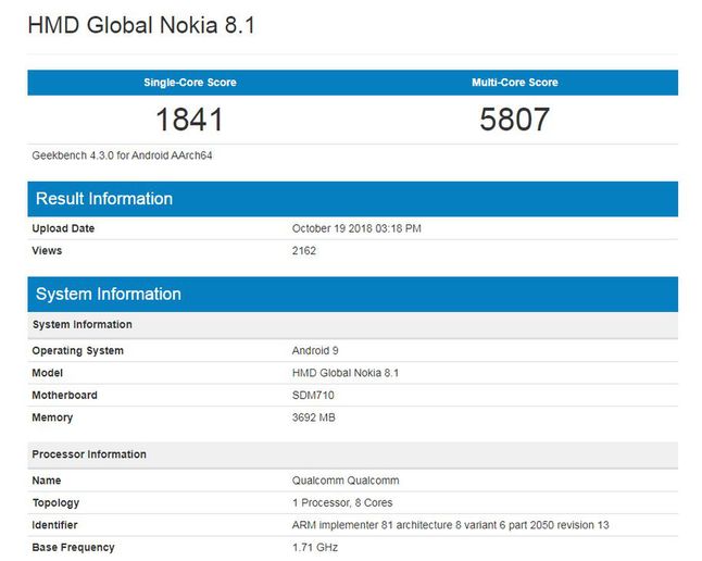 Nokia 8.1 w bazie Geekbench