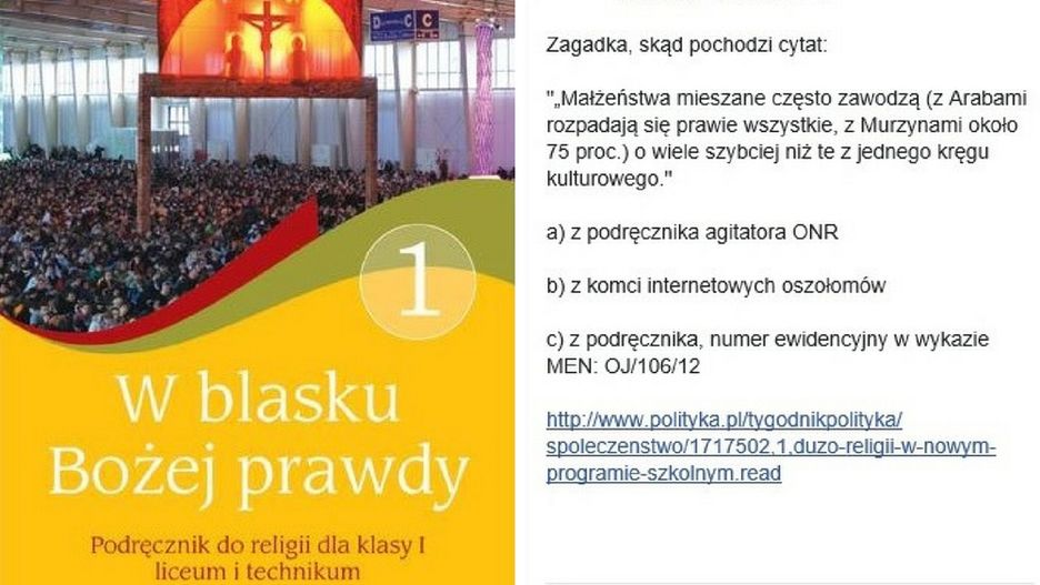 W podręczniku "W obliczu Bożej prawdy" zawarto kontrowersyjne treści