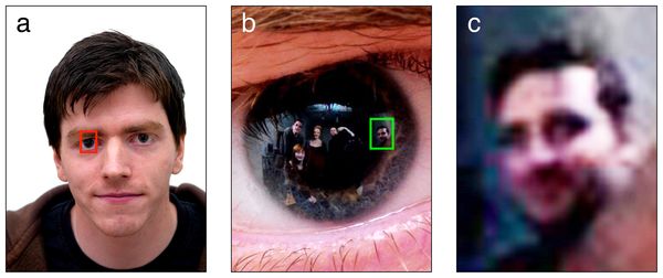 zdjęcie osoby, która wzięła udział w eksperymencie, b) zbliżenie na oko osoby, w której źrenicy odbijają się osoby stojące za aparatem fotograficznym, c) zbliżenie na twarz jednej z osób, która odbija się z źrenicy oka.