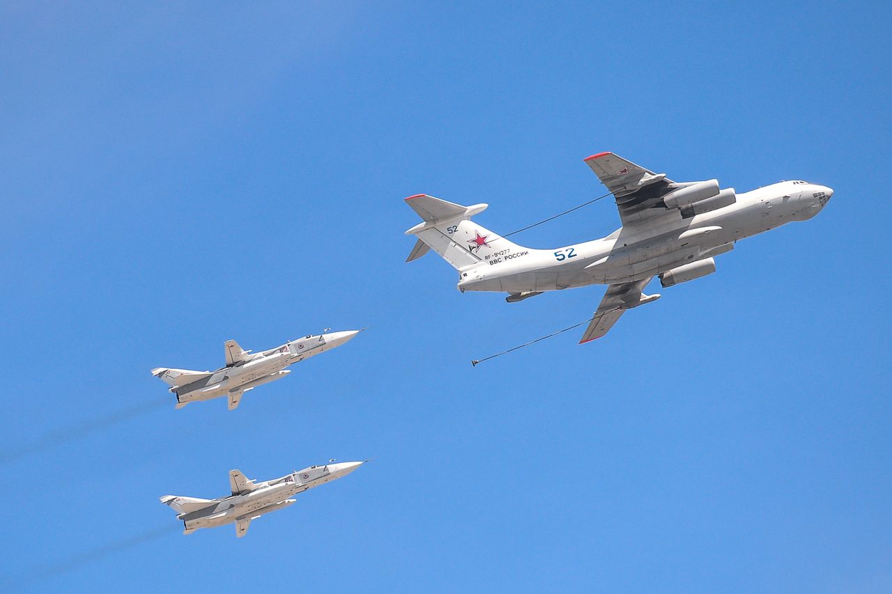 MOSCOW, RUSSIA - MAY 08, 2015: Two Two Russian Sukhoi Su-24
tactical bomber aircraft and Tupolev Tu-160 (NATO reporting name: Blackjack), a supersonic, variable-sweep wing heavy strategic bomber fly over Moscow's Red Square during the general rehearsal for the Victory Day in Moscow (Photo by Artur Widak/NurPhoto via Getty Images)