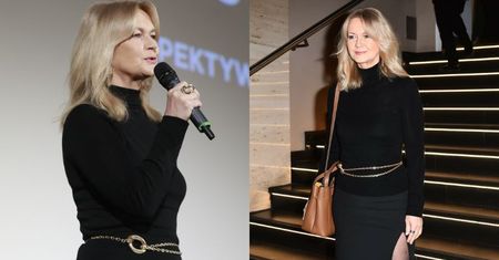 Gustowna Grażyna Torbicka gra nogą w czarnej spódnicy z rozcięciem na wręczeniu nagrody "Perspektywa 2022" (ZDJĘCIA)