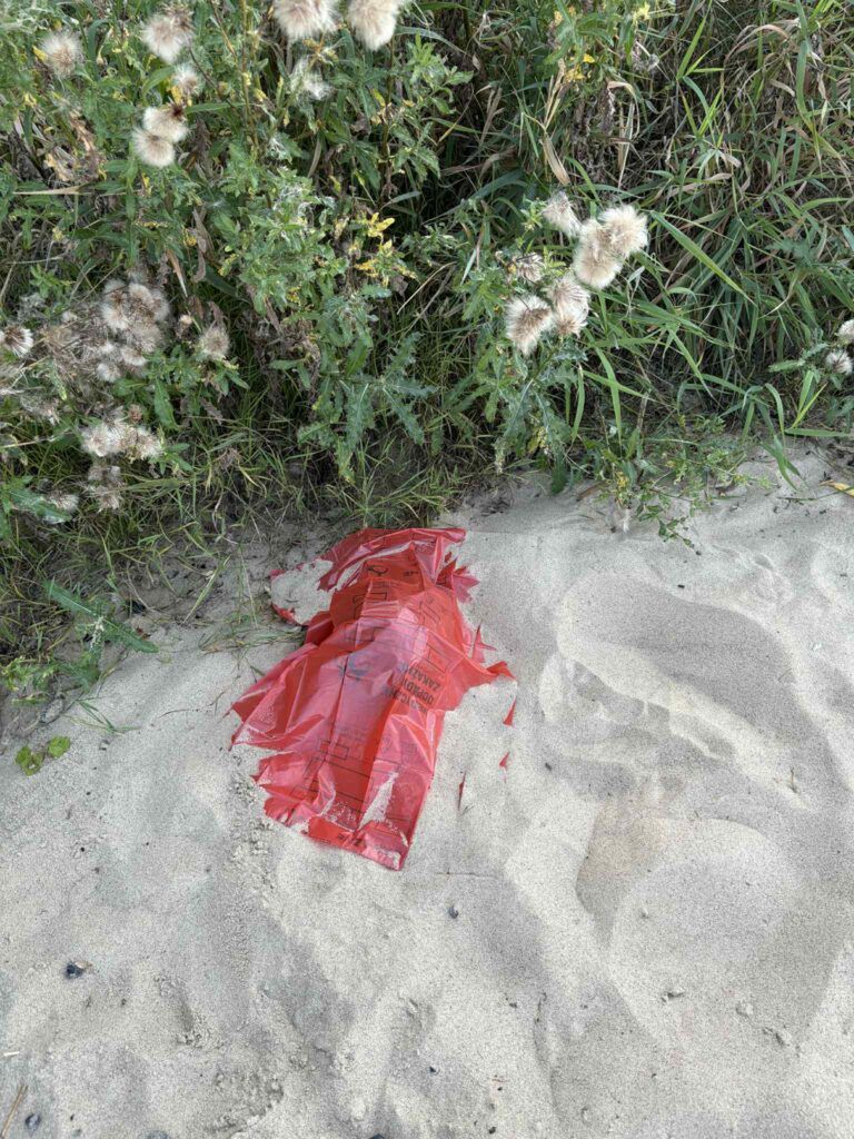 Czerwony worek leży na piasku, otoczony roślinnością, w tle widoczne są drobne kamienie i trawa.