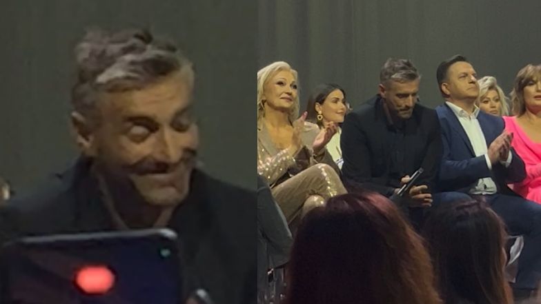 Maciej Dowbor stroi miny podczas przemówienia Elżbiety Romanowskiej