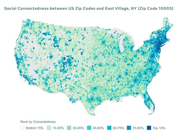 "Indeks połączeń" między użytkownikami na przykładzie USA, źródło: Facebook.