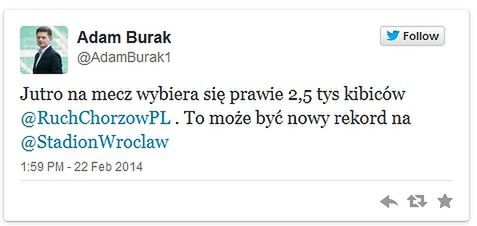 Rzecznik prasowy Stadionu Wrocław informuje na Twitterze o sporej liczbie fanów Ruchu wybierających się do Wrocławia