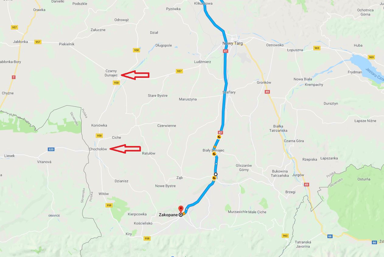 Czarny Dunajec i Chochołów to kluczowe miejscowości do ominięcia korków na Zakopiance (zaznaczonej na niebiesko)
