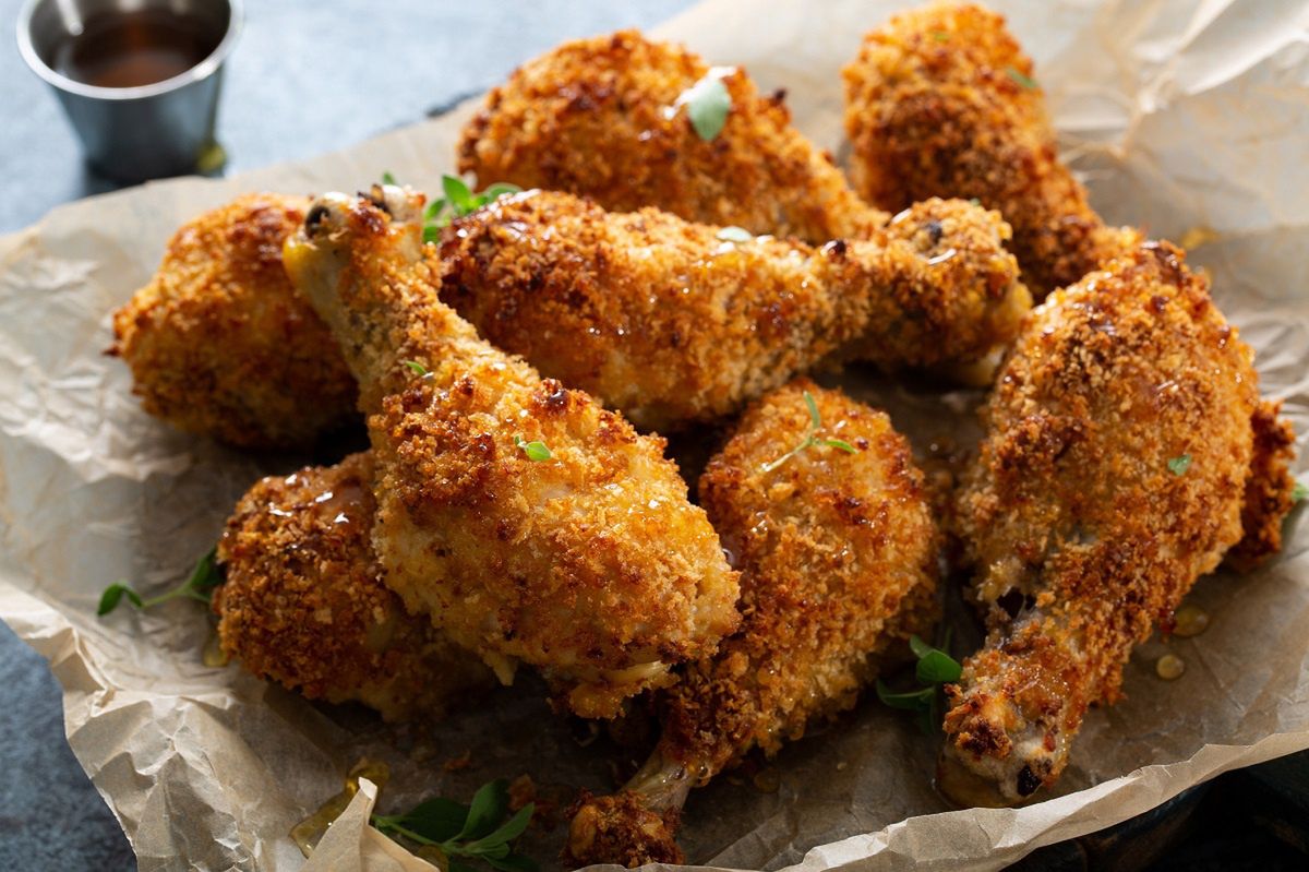 Crispy chicken drumsticks.