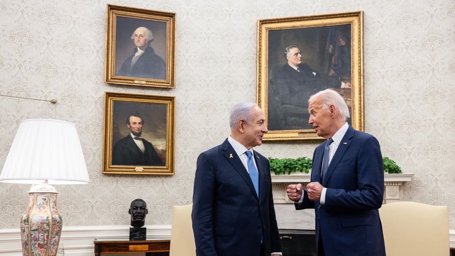 US President Joe Biden, right, and Benjamin Netanyahu, Israel's prime minister, during a bilateral meeting in the Oval Office of the White House in Washington, DC, US, on Thursday, July 25, 2024. Netanyahu gave a fiery defense of Israel's war against Hamas in a speech to the US Congress on Wednesday, inserting himself into a super-charged moment in American politics and mocking thousands of demonstrators outside protesting his handling of the conflict in Gaza. Photographer: Samuel Corum/Sipa/Bloomberg via Getty Images