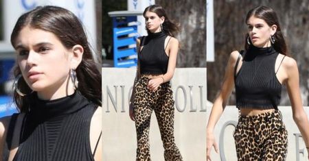 Chuda córka Cindy Crawford w spodniach w panterkę