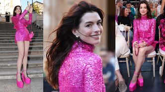 Różowa Anne Hathaway prezentuje niebotycznie długie nogi na pokazie Valentino (ZDJĘCIA)